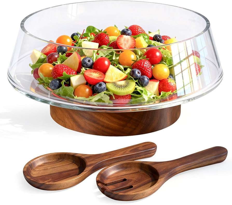 Extra Large Glass Salad Bowl Set, 5-Qt (160 fl oz) Mixing/Serving Bowl with Wood Base & Salad Ser... | Amazon (US)