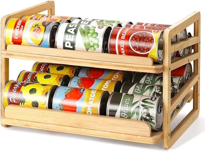 Rolling Bamboo Can Organizer Rack, Stackable Double-Layer Can Organizers and Storage For Pantry, ... | Amazon (US)