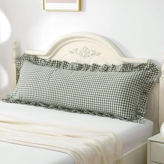 Green/White Plaid Ruffled Body Pillow Sham Washed Cotton Shabby Checkered Gingham Pillow Cover Fa... | Amazon (US)