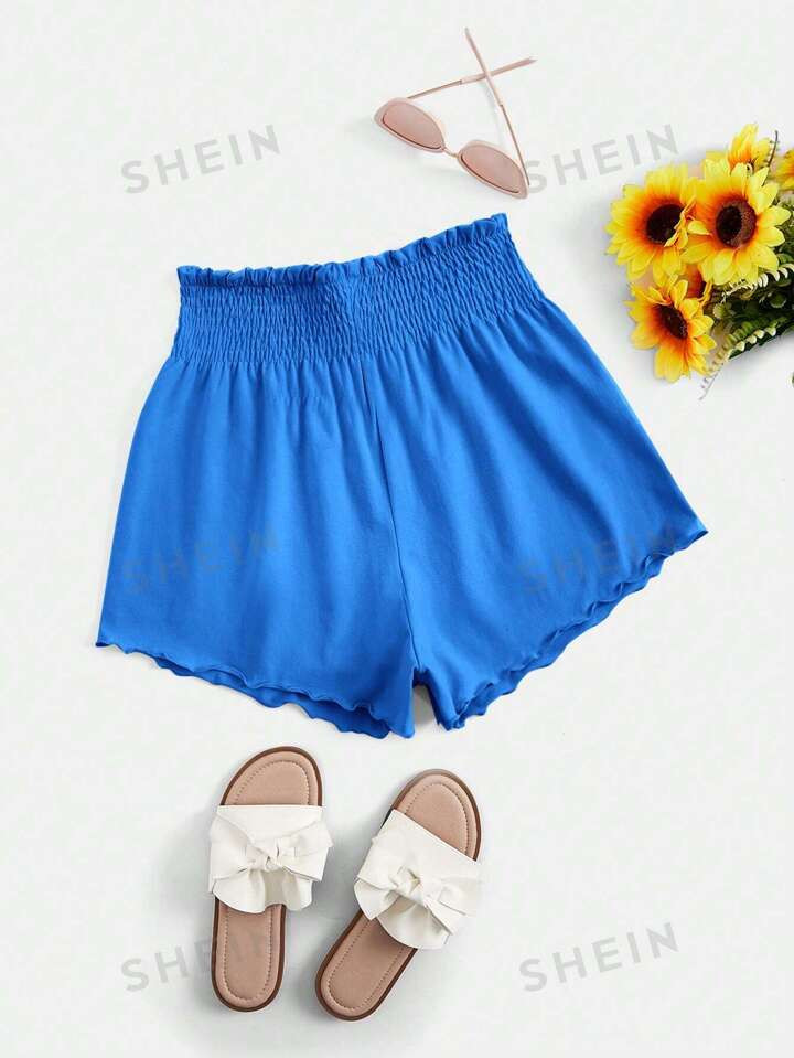 SHEIN VCAY Shirred Waist Lettuce Trim Black Shorts | SHEIN USA | SHEIN