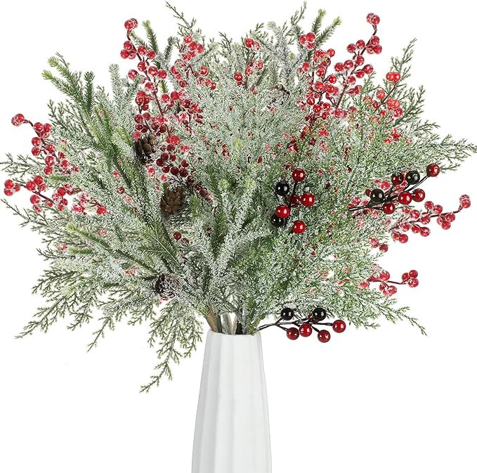 20 Pcs Christmas Artificial Faux Branches Include 18.5" Cedar Greenery Branches 21" Frost Red Ber... | Amazon (US)
