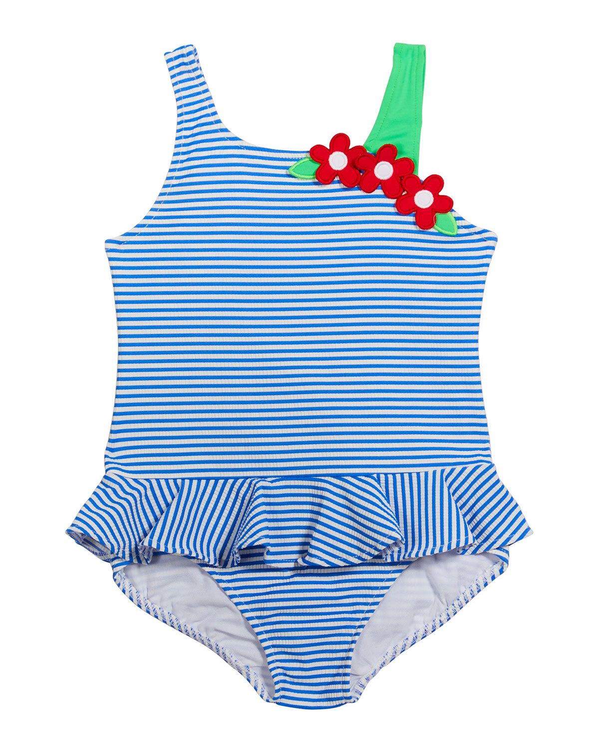 Girl's Seersucker Floral Applique One-Piece Swimsuit, Size 2-6X | Neiman Marcus