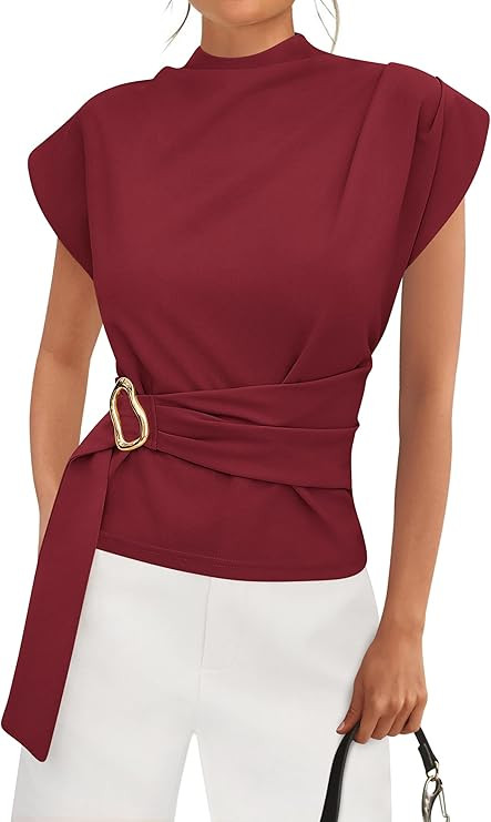 PRETTYGARDEN Women Blouses Spring Dressy Cap Sleeve Mock Neck Work Shirts Buckle Tunic Summer Bus... | Amazon (US)