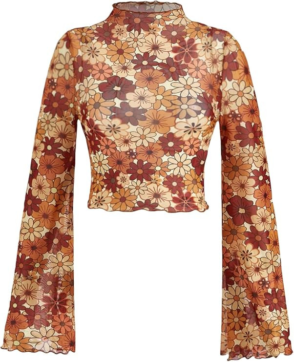 Verdusa Women's Bell Sleeve Lettuce Trim Mock Neck Floral Mesh Top Crop T Shirt | Amazon (US)