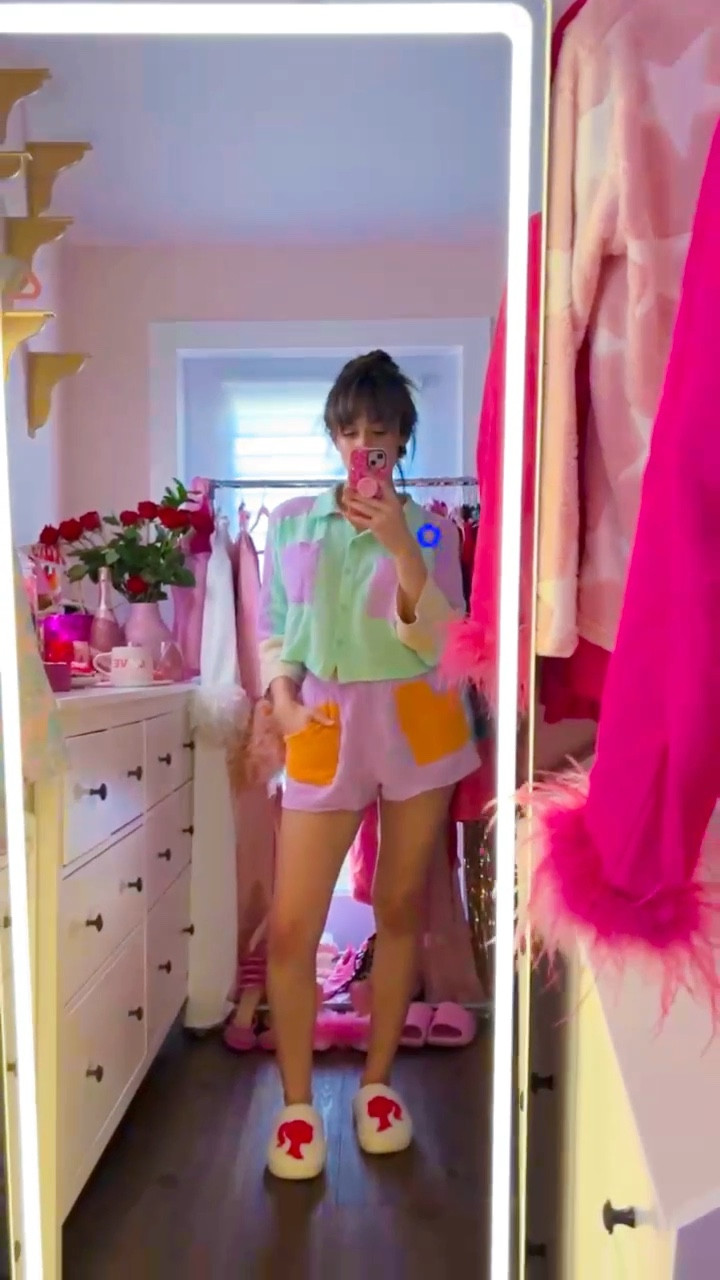 Valentine’s Day outfits: Cozy night in edit. What I love about this set is that it’s comfortable enough to wear to bed, but nice enough to wear out of the house. Since this specific outfit is difficult to find, I’ve found some alternatives for you  
Planning to avoid the crowds this V-Day and enjoy a chill evening at home with your significant other or besties? I’ve got you covered with my favorite comfort items. Including an adorable and snuggly pink with white stars romper onesie or two piece set with soft pajama pants and warm hoodie sweatshirt. Or have a little extra moment for yourself with a feather trim silk pajama and robe set. Have the cutest Netflix and chill night with these super sweet sets. Plus I’ve included some warm blankets, chill wine 🍷, fluffy stuffy teddy bears 🧸, and movies to make the night extra special

#LTKhome #LTKVideo #LTKfindsunder50