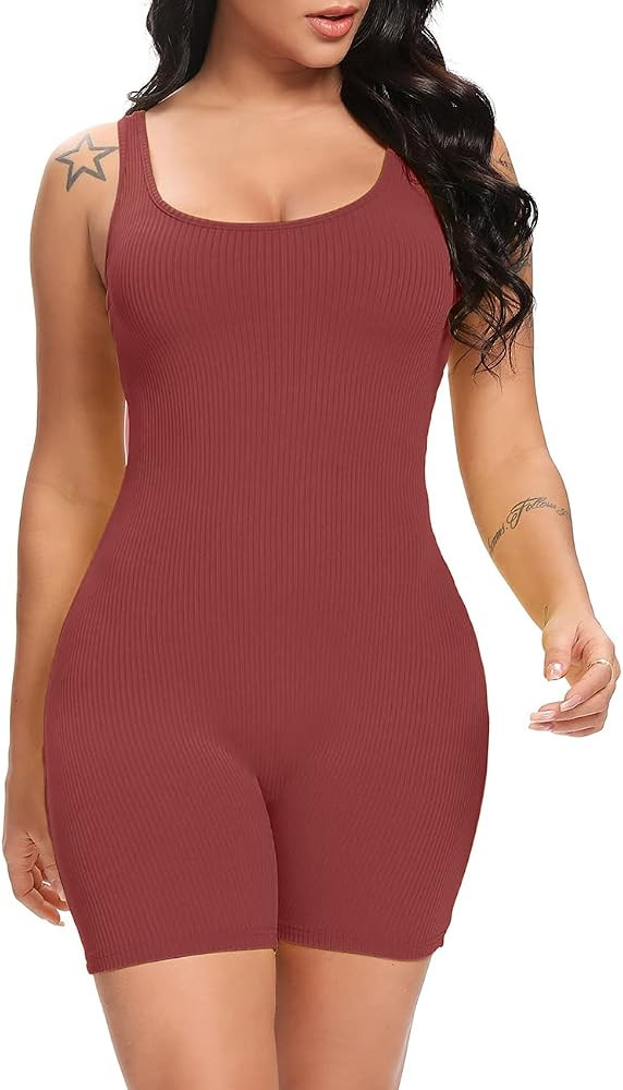 Fanuerg Womens Summer Sexy Ribbed Sleeveless Bodycon Rompers Shorts Jumpsuits | Amazon (US)