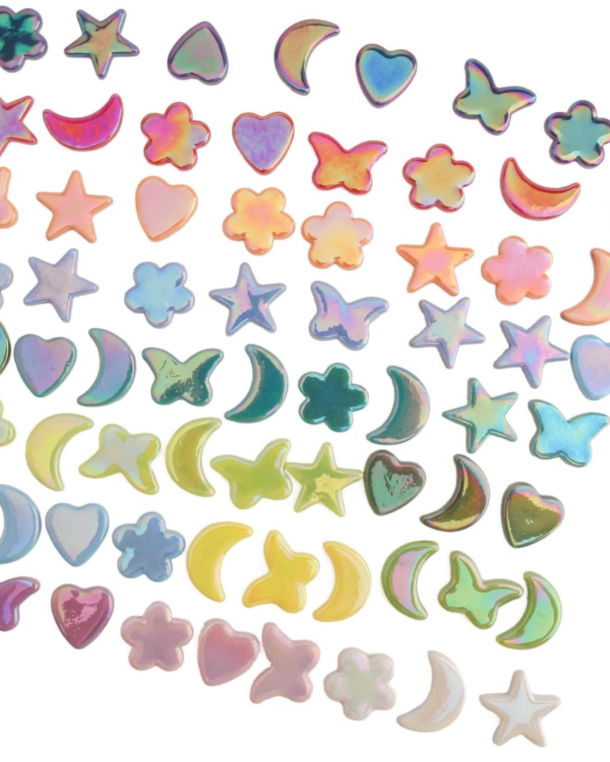 Sharing glass mosaic tesserae in gorgeous iridescent shades. 🌈 Shapes include flower, butterfly, heart, moon, and star. 🌈 For mosaic tips, tutorials, inspiration, and so much more please visit my YouTube channel: YouTube.com/julieweilbacher. Follow @julieweilbacher on Instagram for all things mosaic art. iridescent - mosaic - summer vibes - mosaic art - crafts night - craft supplies - glass mosaic

#LTKHome #LTKFindsUnder50