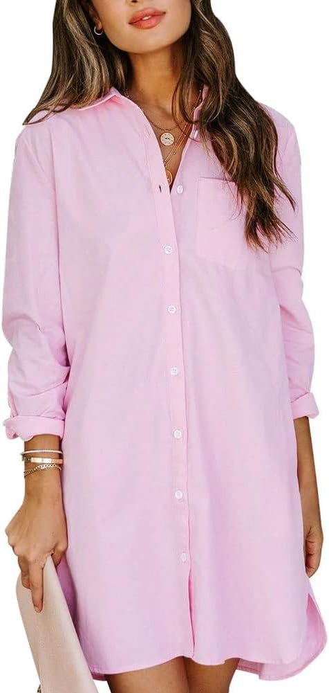 chouyatou Women's Casual Loose Fit Long Sleeve Solid Striped Button Down Shirts Dresses | Amazon (US)