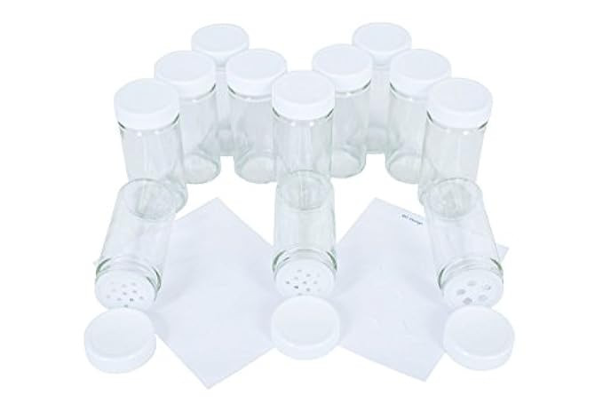MT Dezign Glass Spice jars, 12 bottles w/White Lids,18 Shaker Tops, w/Blank Labels | Amazon (US)