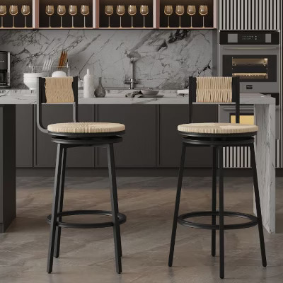 CAVINAS Set of 2 Swivel Counter Stools with 360 Degree Rotating Seat, Ergonomic Backrest, Black Metal Frame, Hand-Woven Paper Rope Seat, Creamy White | Target