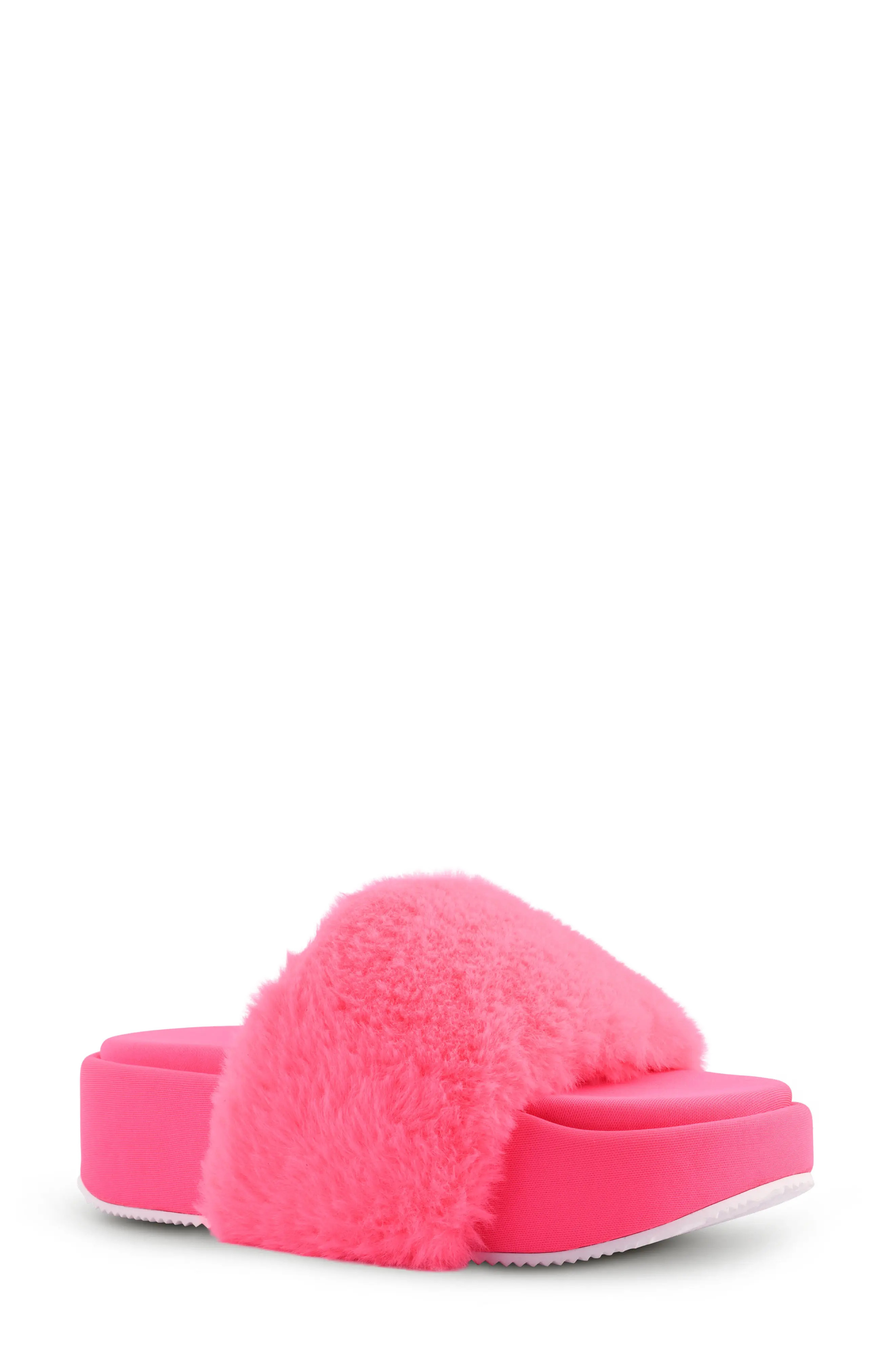 Nine West Rize Faux Fur Slide Sandal, Size 7 in Neon Pink Faux Fur at Nordstrom | Nordstrom