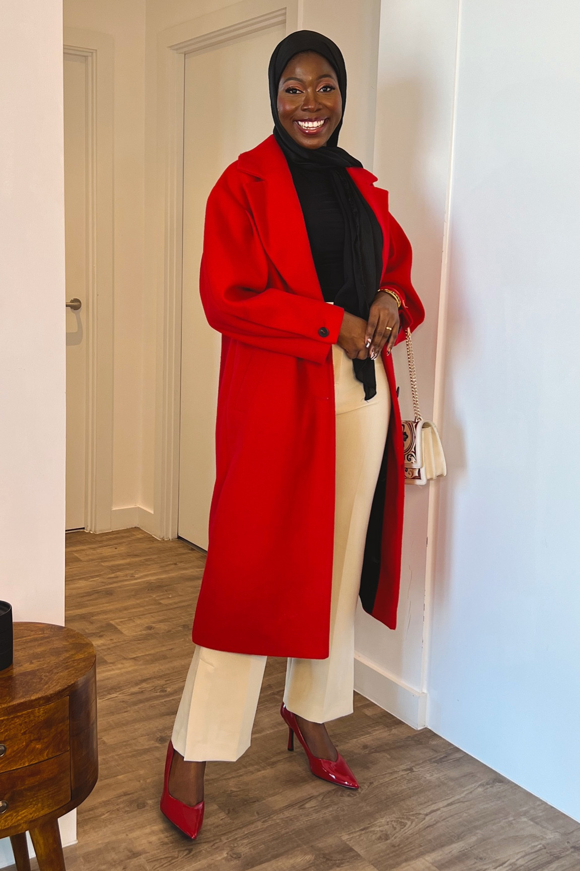 Autumn outfit, fall outfit, red coat, beige trousers, beige pants, black top, red heels ,cream trousers 

#LTKworkwear #LTKeurope