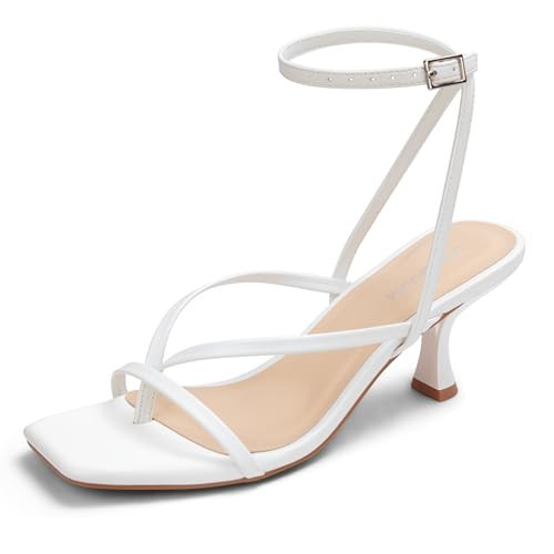 LOOPCHARM Women's Kitten Heel Strappy Open Square Toe Thong Ankle Strap Heels for Wedding,White Pu,7.5 | Amazon (US)