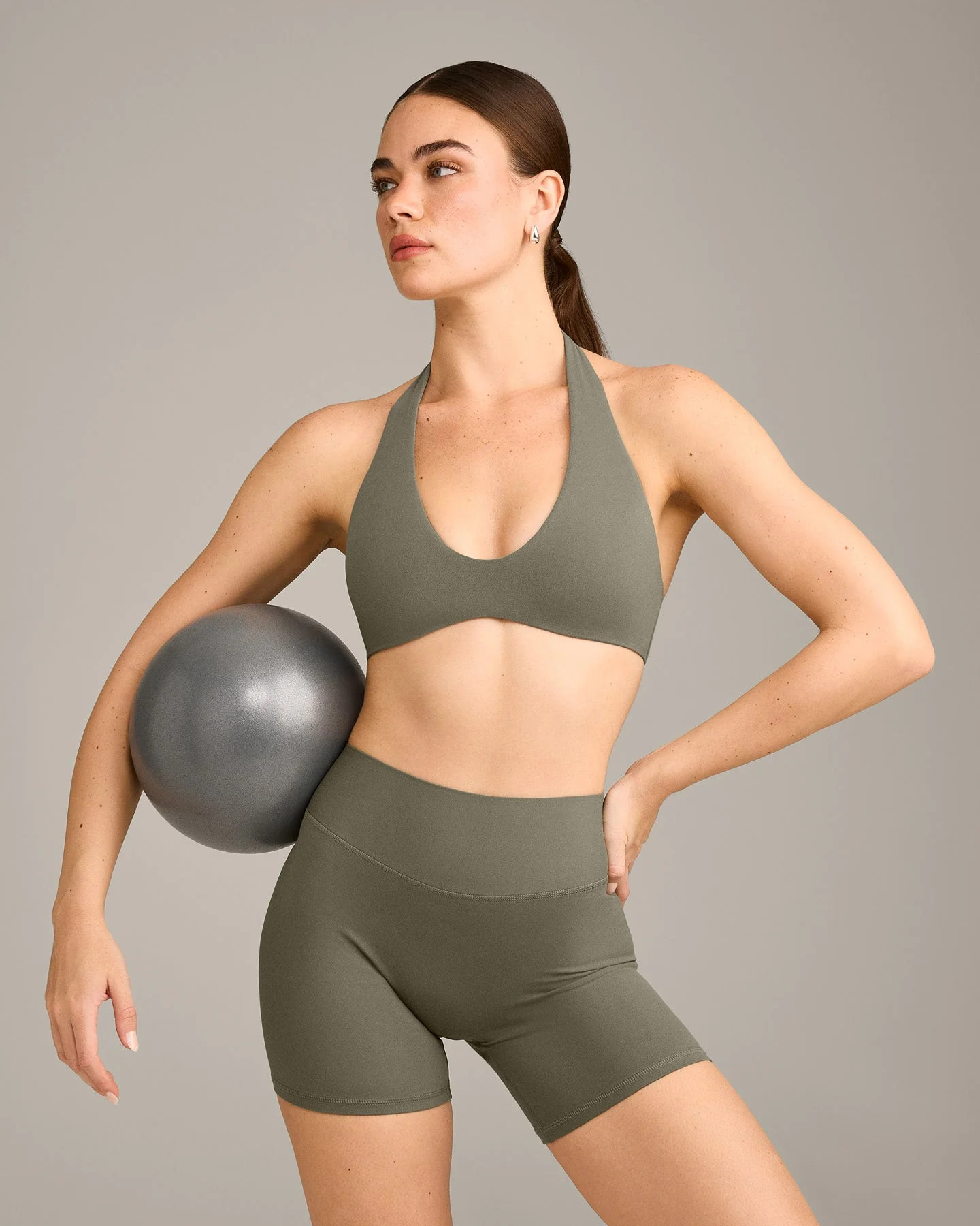 SoftMotion™ Minimal Halter Neck Bralette with Gray Logo 
 Alpine Green | Oner Active (UK / US)