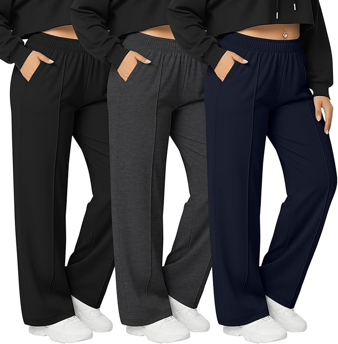 Neer 3 Pack Women's Plus Size Sweatpants, Wide Leg Lounge Pants Elastic Waist Baggy Pant with Poc... | Amazon (US)