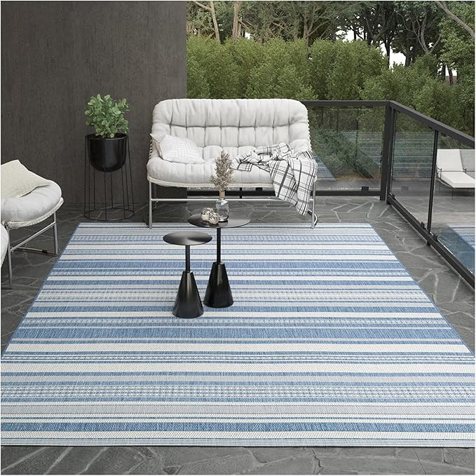 Couristan Recife Indoor Outdoor Rug - Gazebo Stripe 7'6" x 10'9" Rectangle in Ivory and Blue, Low... | Amazon (US)