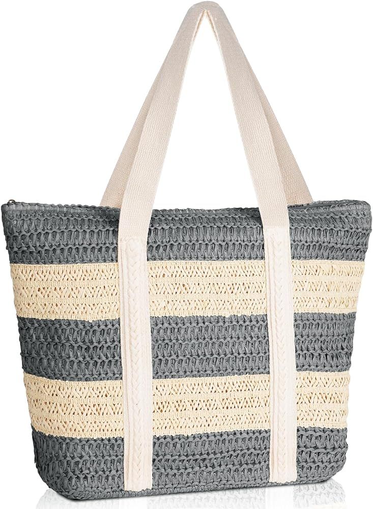 MABROUC Large Straw Beach Bag for women, Wide Stripes Straw Tote Bag, Woven Summer Handbag Should... | Amazon (US)