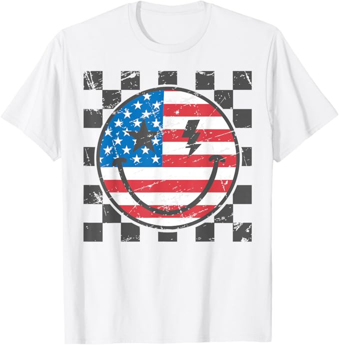 Happy 4th of July Groovy Smile Face Red White Blue USA Flag T-Shirt | Amazon (US)