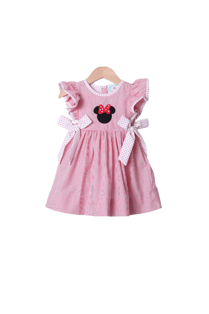 Applique Mouse Red Stripe/Bitty Dot Dress | The Smocked Flamingo
