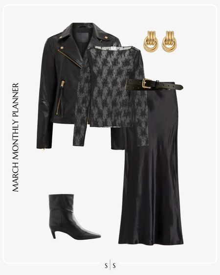 Monthly outfit planner: MARCH: Winter to Spring transitional looks | leather jacket, sheer lace blouse, slip skirt, belt, ankle boot, chunky gold earrings

Date night outfit idea

See the entire calendar on thesarahstories.com ✨ 

#LTKstyletip