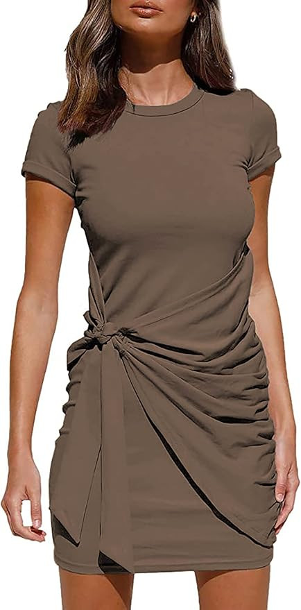 BTFBM Women Crew Neck Short Sleeve Ruched Bodycon T Shirt Dress Casual Tie Waist Plain Sun Beach ... | Amazon (US)