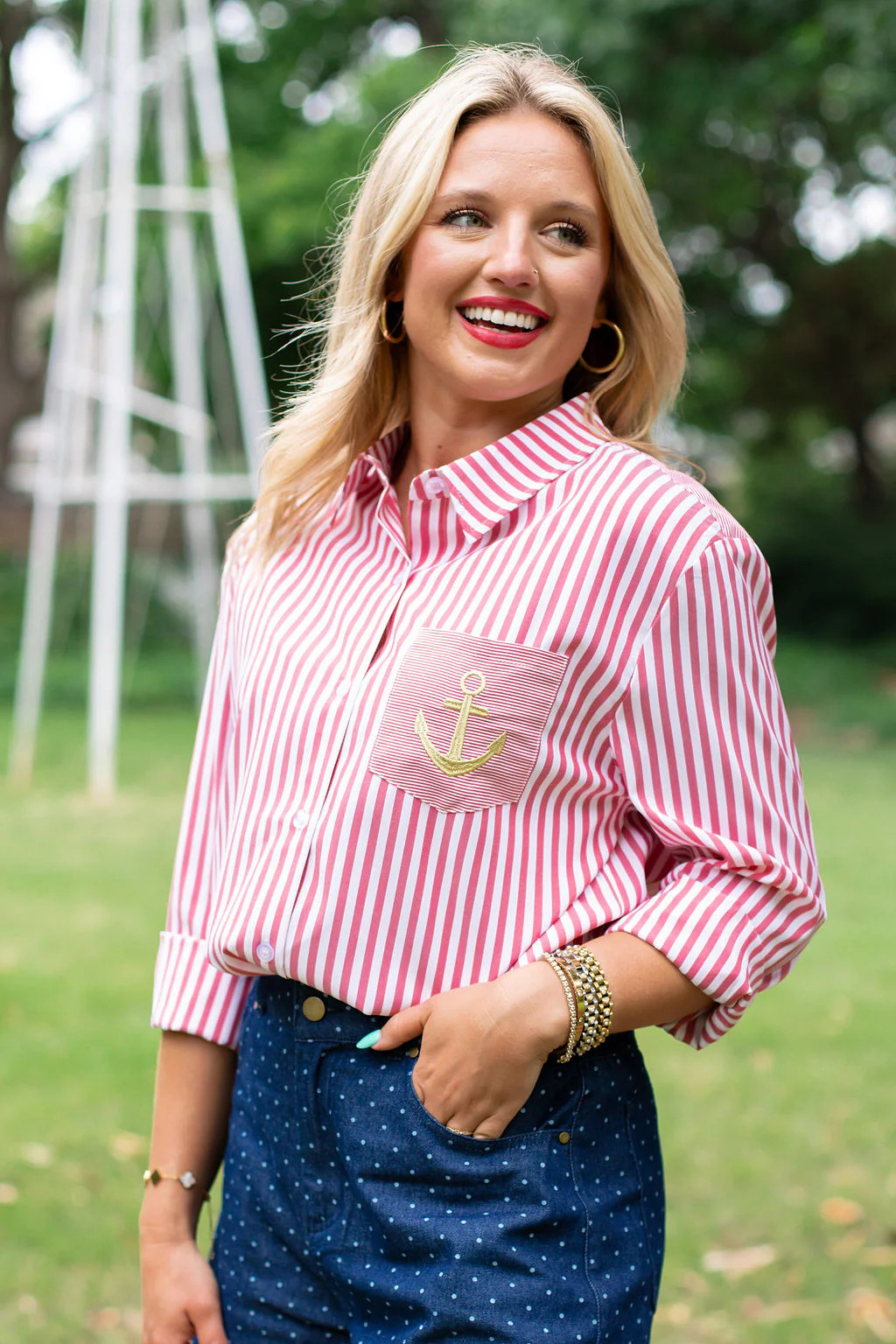 SSYS Collette Poplin Stripe Anchor Embroidery Top In Red | SSYS