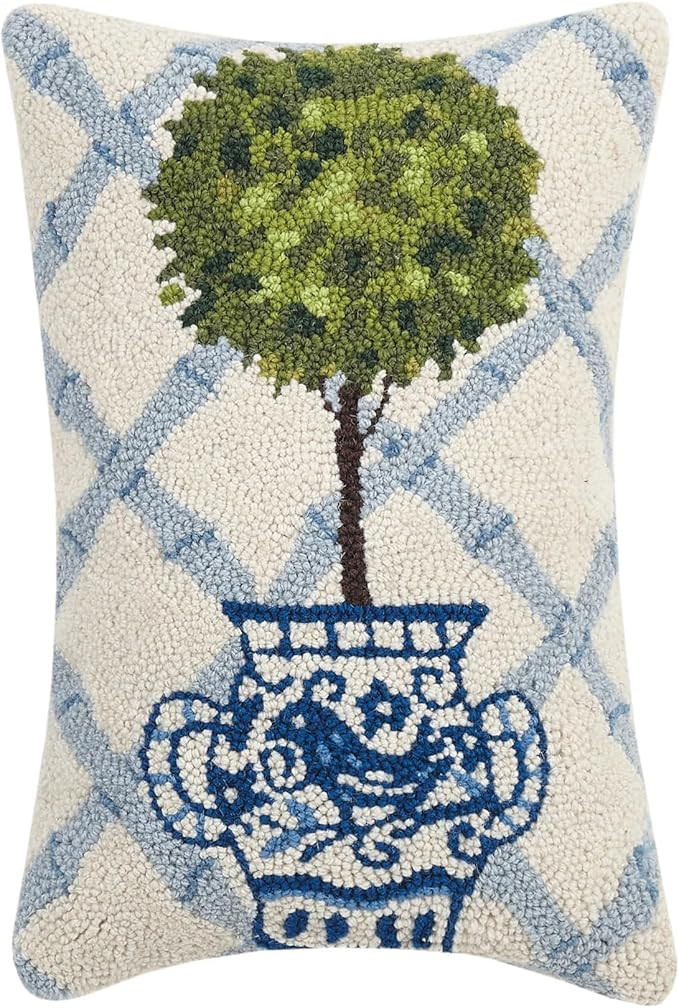Peking Handicraft Ball Topiary in Chinoiserie Pot with Blue Trellis 12" x 18" Hooked Wool Throw P... | Amazon (US)
