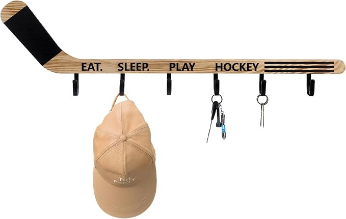 Leinuosen Wood Hockey Stick Wall Mounted Coat Rack with 6 Hooks Wooden Vintage Coat Hook Wall Dec... | Amazon (US)