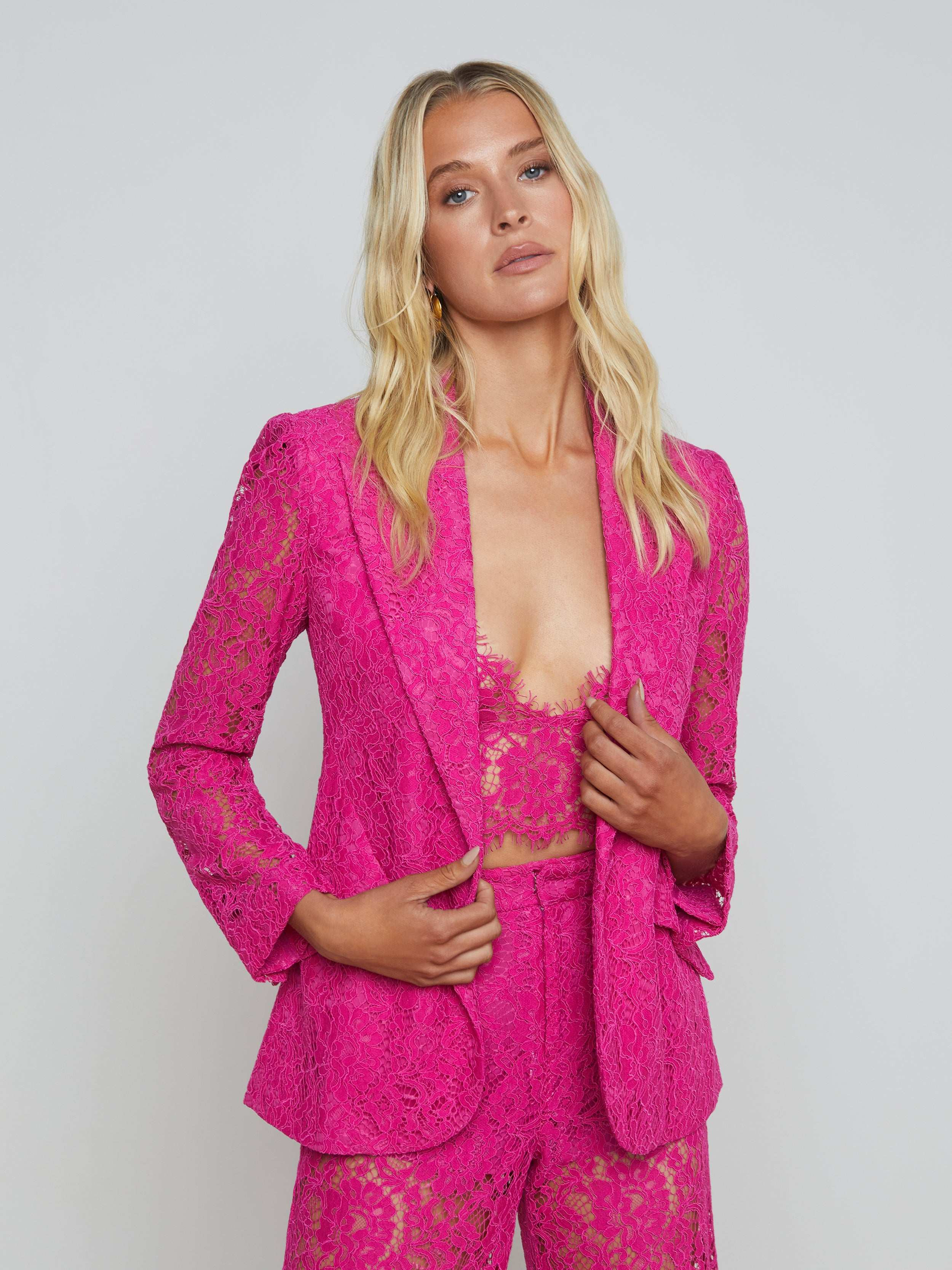 L'AGENCE - Chamberlain Single-Breasted Lace Blazer in Light Ruby | L'Agence