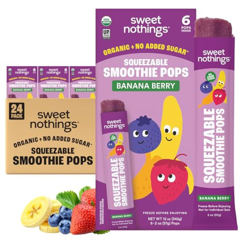 Sweet Nothings, Banana Berry, USDA Organic Kids' Squeezable Fruit Smoothie Popsicle Pops, Value Pack of 24 - Dye-Free, No Added Sugar, Dairy-Free, Vegan, Healthy Organic Fruit Pops, Freeze & Enjoy | Amazon (US)