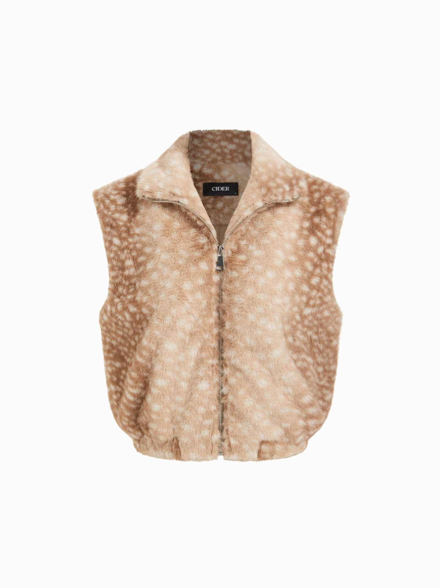 Faux Fur Deer Print Faux Fur Funnel Neck Zip Through Jacket Vest For Daily Casual | Cider