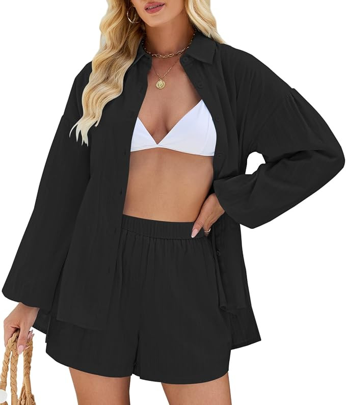 Fixmatti 2 Piece Outfits Long Sleeve Button Down Shirt and Shorts Sweatsuit Lounge Sets | Amazon (US)