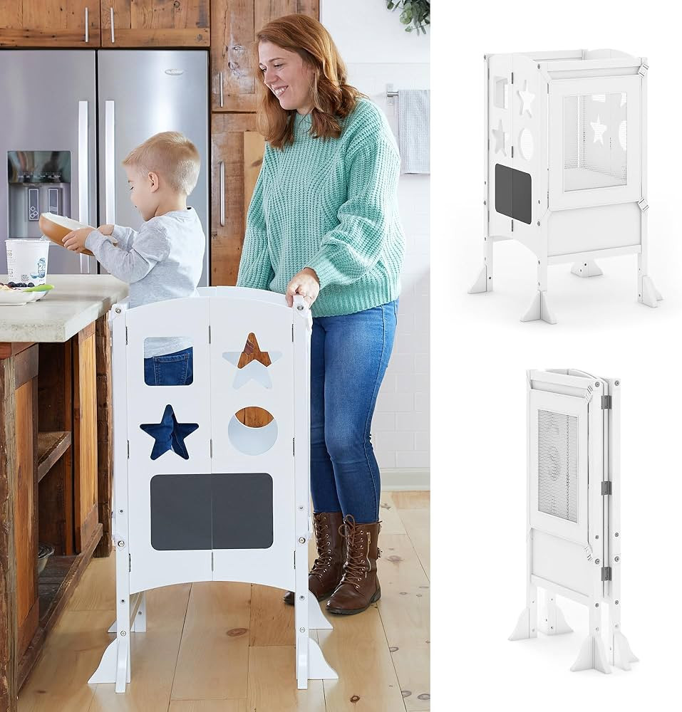 Guidecraft Classic Kitchen Helper® Stool - White with Keepers and Non-Slip Mat: Foldable, Adjust... | Amazon (US)