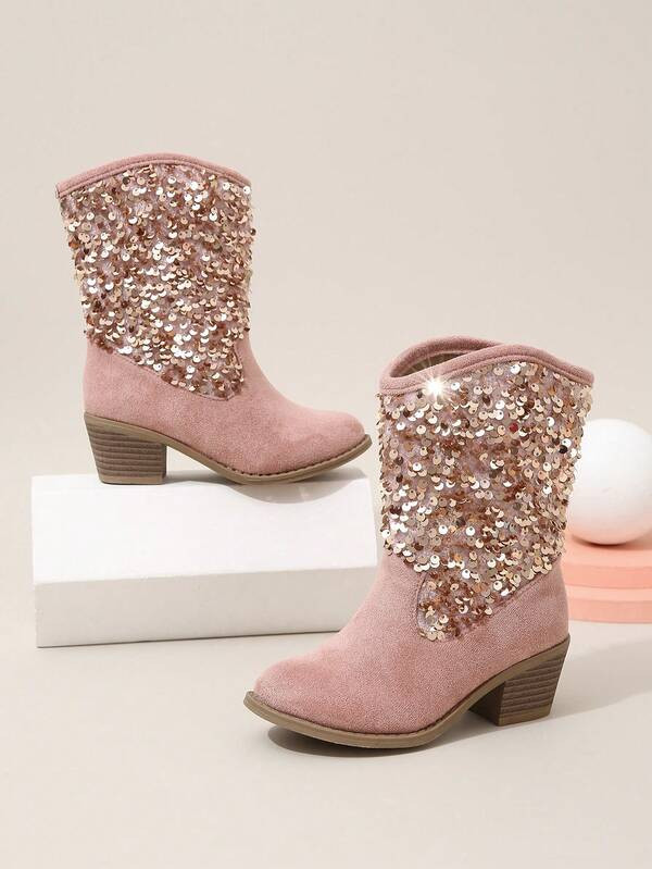 Kids' Fashionable Chunky Heel High Heel Boots With Sequins Decoration | SHEIN