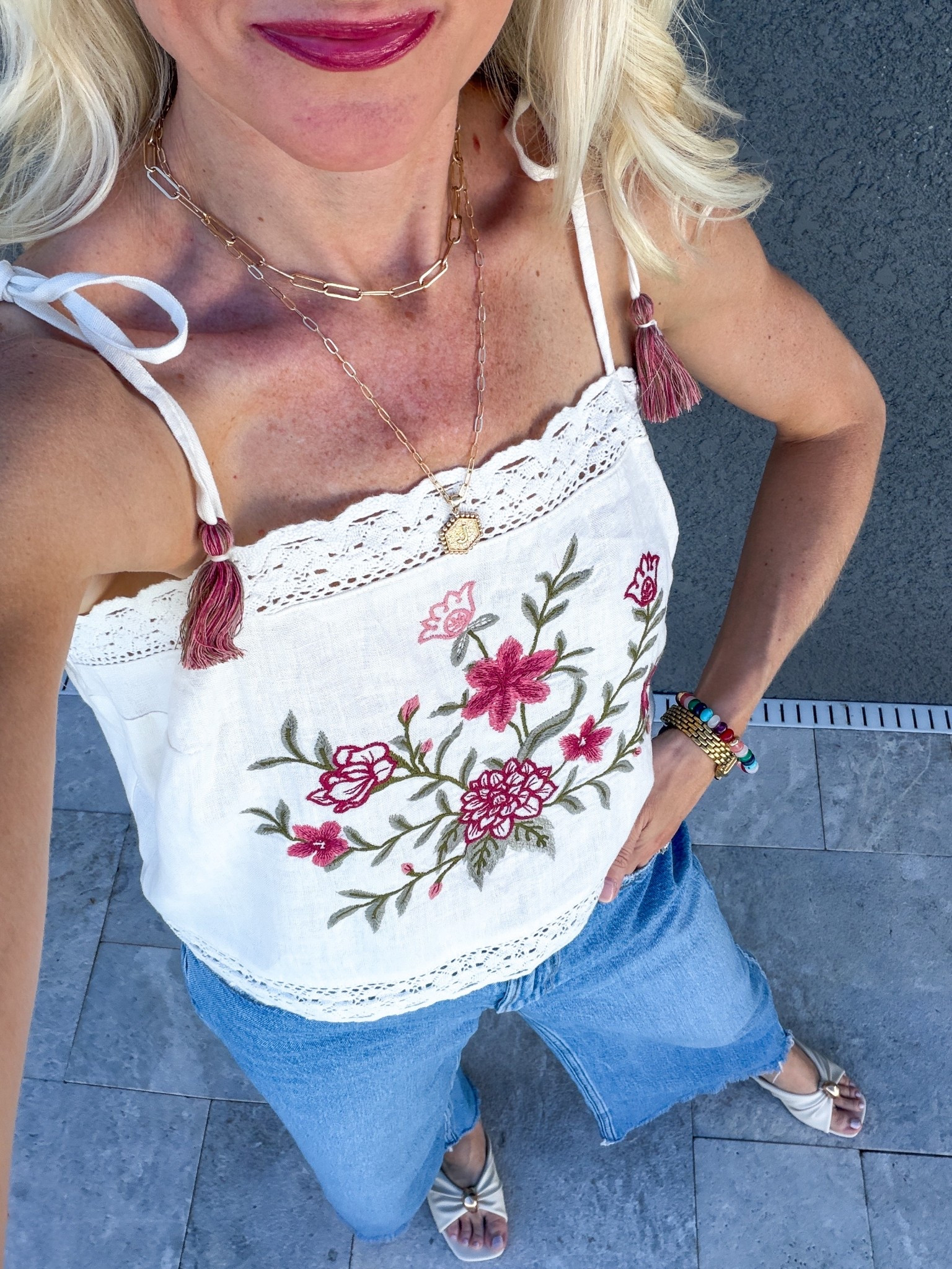 The cutest flower embroidered top from Target! Looks expensive and is lightweight flowy! Straps are adjustable and has a matching shorts option.

Lips: new Summer Fridays 12 he lip stain in shade rosette, applies like a marker! Top gloss is rhode lip plump. 

#LTKgrwm #LTKootd