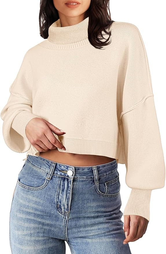 MEROKEETY Women's Turtleneck Cropped Sweater 2024 Batwing Sleeve Oversized Ribbed Knit Pullover J... | Amazon (US)