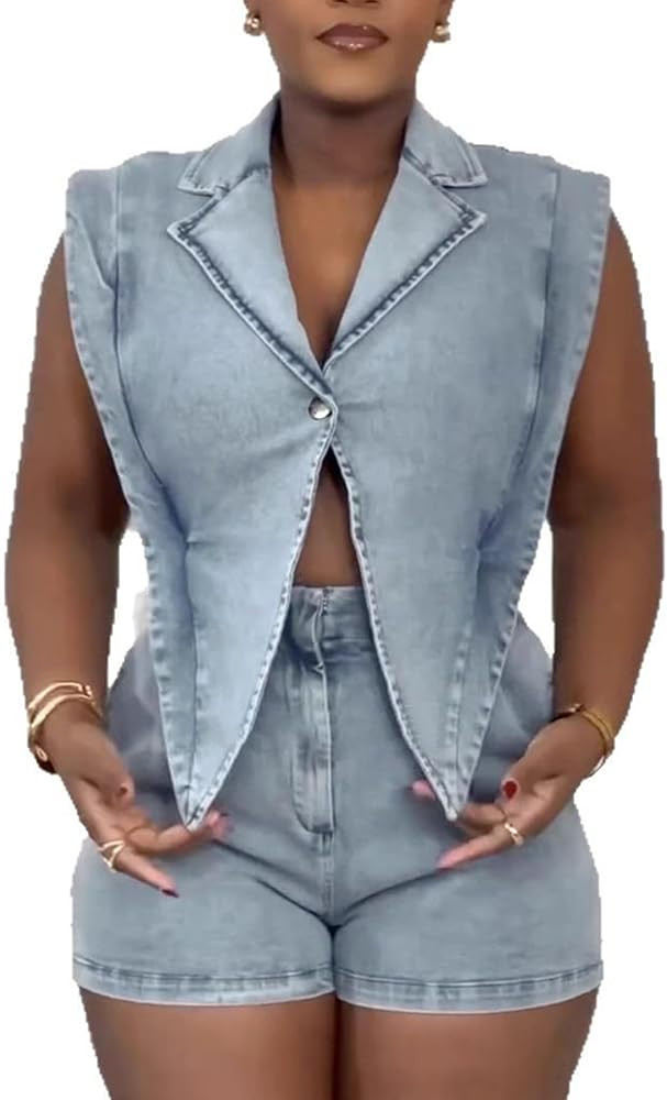 NRTHYE Women Denim Short Romper Sexy Sleeveless Lapel Hollow out One Piece Jean Jumpsuit Short Ov... | Amazon (US)