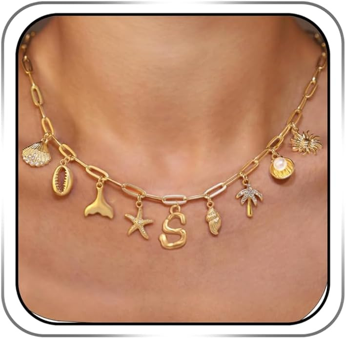 Initial Charm Necklace For Women Shell Seashell Summer Beach Letter 14K Gold Plated Pendant Starf... | Amazon (US)