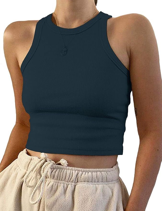 SAFRISIOR Women Basic Solid Sleeveless Round Neck Fitted Vest Cotton Crop Tank Tops | Amazon (US)
