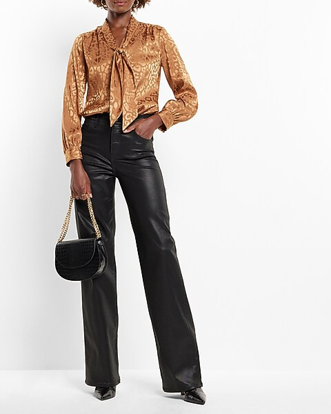 Satin Leopard Print Long Sleeve Tie Neck Portofino Shirt | Express