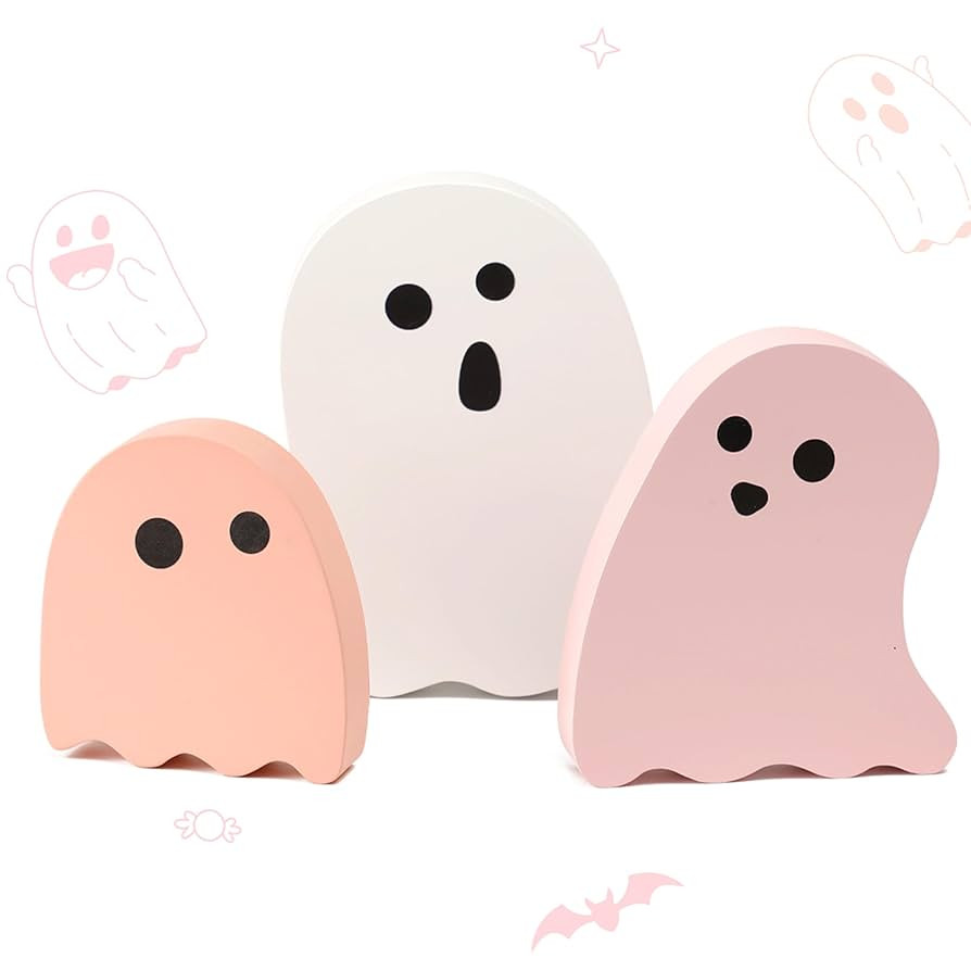 Amorita Pink Halloween Decor - 3pcs Cute Ghost Wood Plank Signs, Pastel Pink & White Ghost Decora... | Amazon (US)