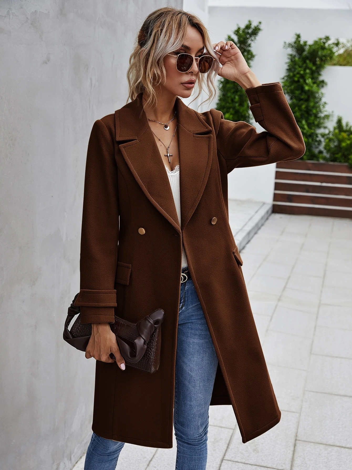 Double Button Lapel Collar Self Tie Overcoat | SHEIN