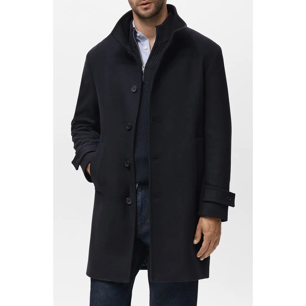 MANGO Wool Blend Funnel Neck Coat in Navy at Nordstrom, Size Large | Nordstrom