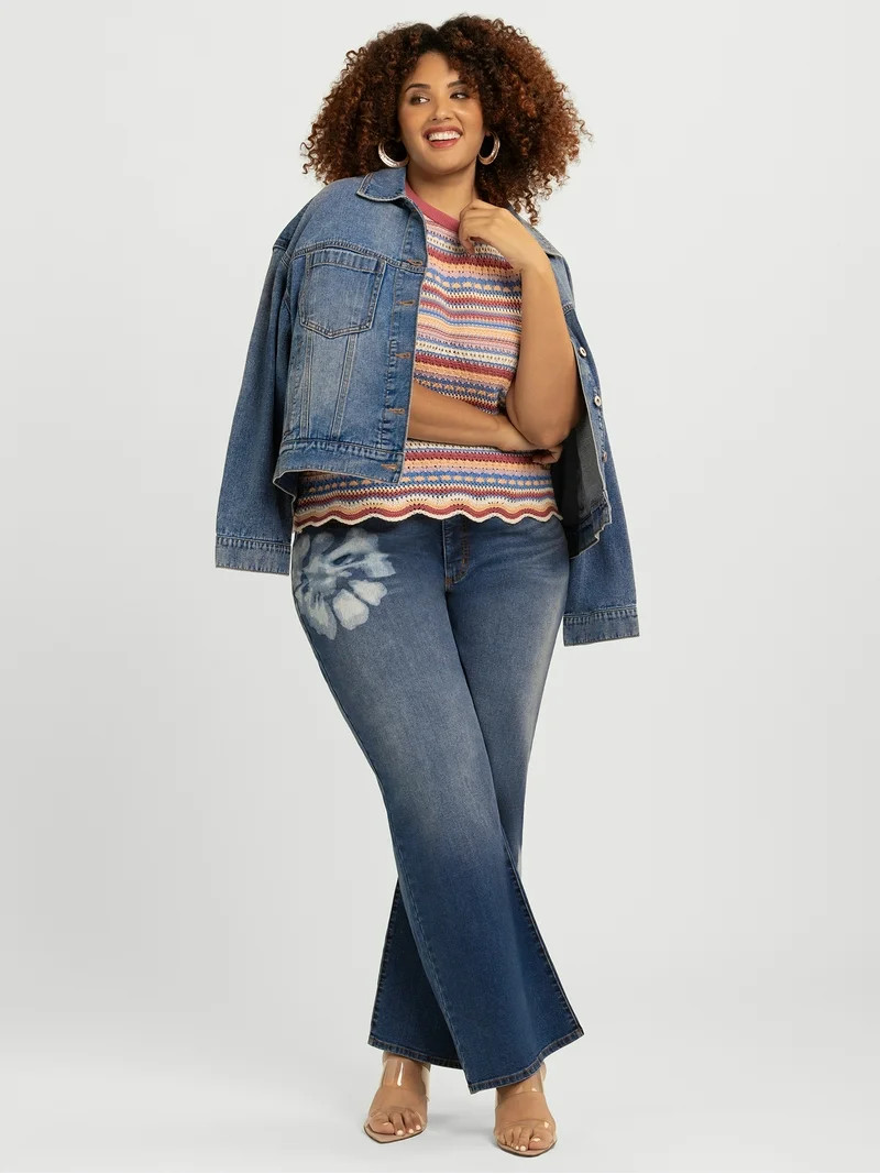 Jessica Simpson Women's Plus Rosa Print Mid Rise Relaxed Straight Leg Jeans, 32.5" Inseam, Sizes ... | Walmart (US)