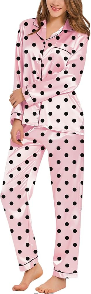 SWOMOG Womens Silk Satin Pajamas Set Long Sleeve Button Down Sleepwear 2 Piece Lounge Set Pj Set ... | Amazon (US)