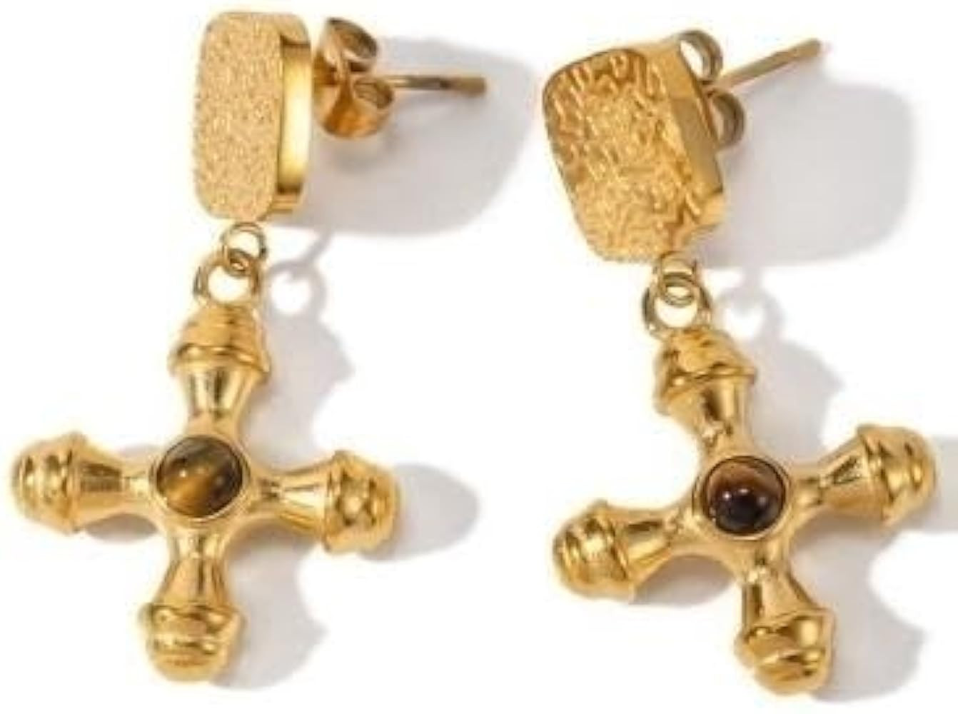 18K Gold Stainless Steel Cross Earrings Necklace Set with Tiger Eye Gemstone - Trendy Fashion Jew... | Amazon (US)