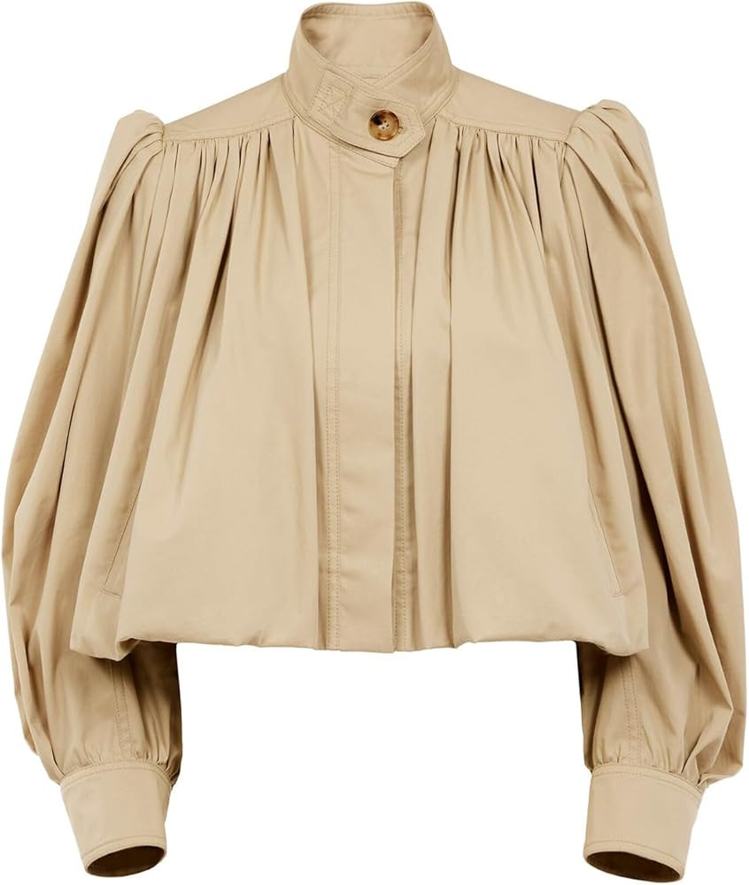 Women's Cropped Jacket Puff Sleeves Stand Collar Button Down Puffed Bomber Jackets Streetwear Ple... | Amazon (US)