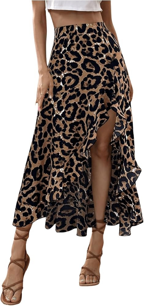 SweatyRocks Women's Ruffle Midi Skirt Leopard Print Slit Split High Waisted Flowy Long Skirts | Amazon (US)