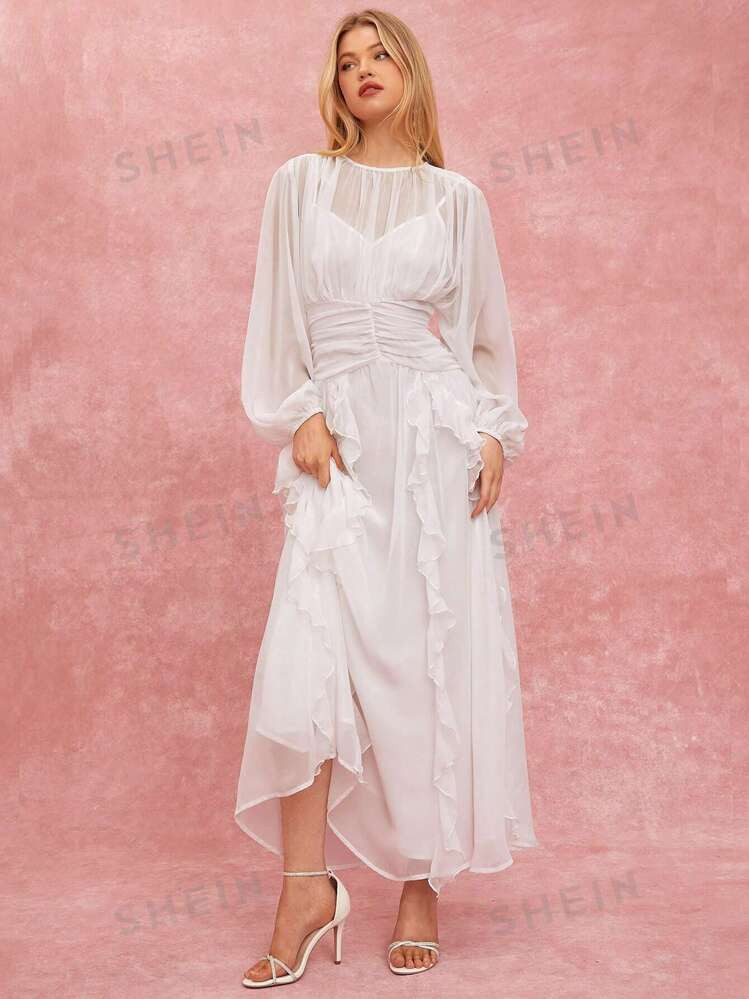 Enchnt Women's Elegant Solid Color Ruffled Hem Dress, Spring Summer | SHEIN