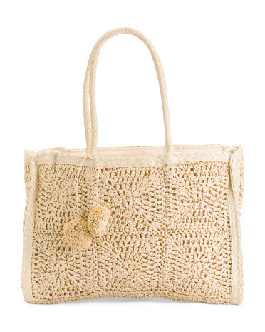 Straw Woven Tote With Pom Pom Embellishment | TJ Maxx
